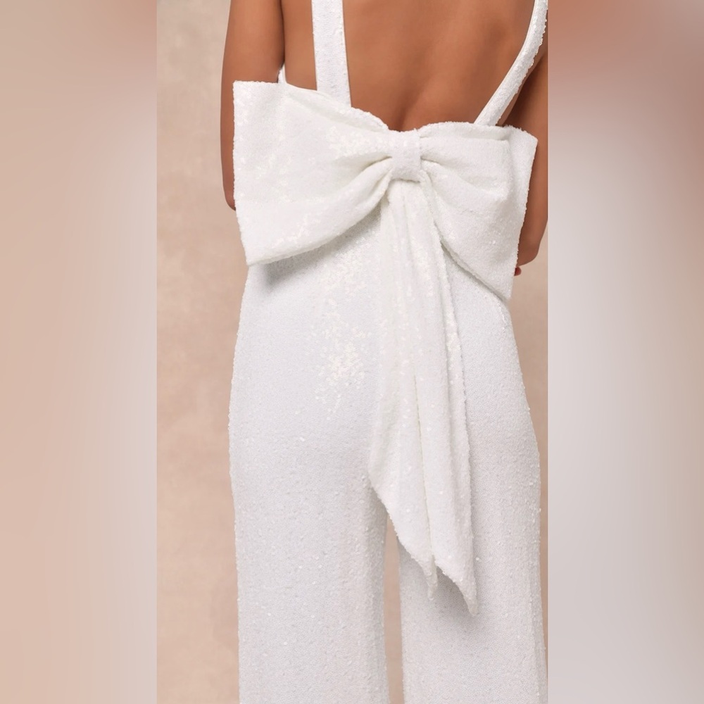 Lulu's White Sequin Jumpsuit with Giant Bow - Picture 3 of 6